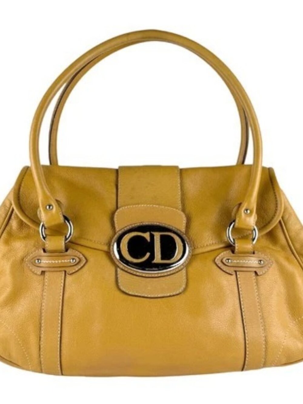 Auth Christian Dior Shoulder Bag Mustard Yellow Leather/Silvertone - z8211